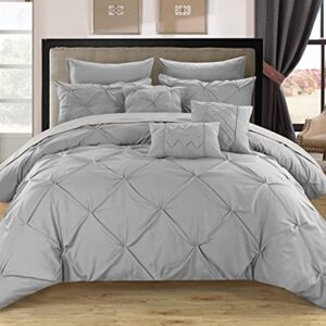 Chic Home 10 Piece Hannah Pinch Pleated, ruffled and pleated complete King Bed In a Bag Comforter Set Silver With sheet set