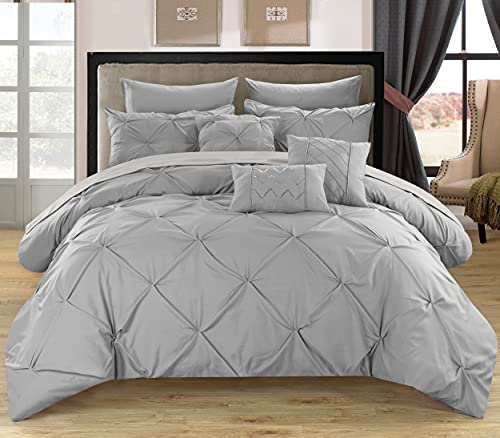 Chic Home 10 Piece Hannah Pinch Pleated, ruffled and pleated complete King Bed In a Bag Comforter Set Silver With sheet set