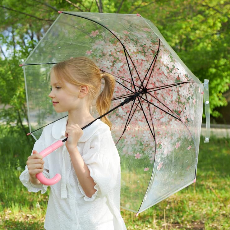 Kung Fu Smith Pink Flower Clear Bubble Umbrella for Kids Girls and Women, Auto Open Cherry Blossom Stick Rain Umbrella