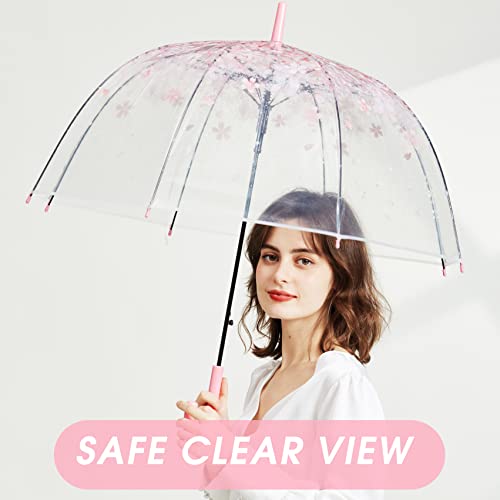 Kung Fu Smith Pink Flower Clear Bubble Umbrella for Kids Girls and Women, Auto Open Cherry Blossom Stick Rain Umbrella