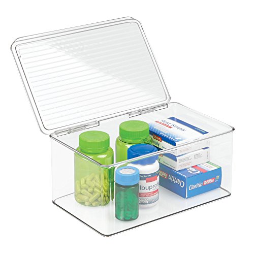 iDesign Med+ Plastic Bathroom Vanity Organizer Bin with Lid for Medication, Accessories, Cosmetics and More, 7.25" x 10.75" x 5", Clear