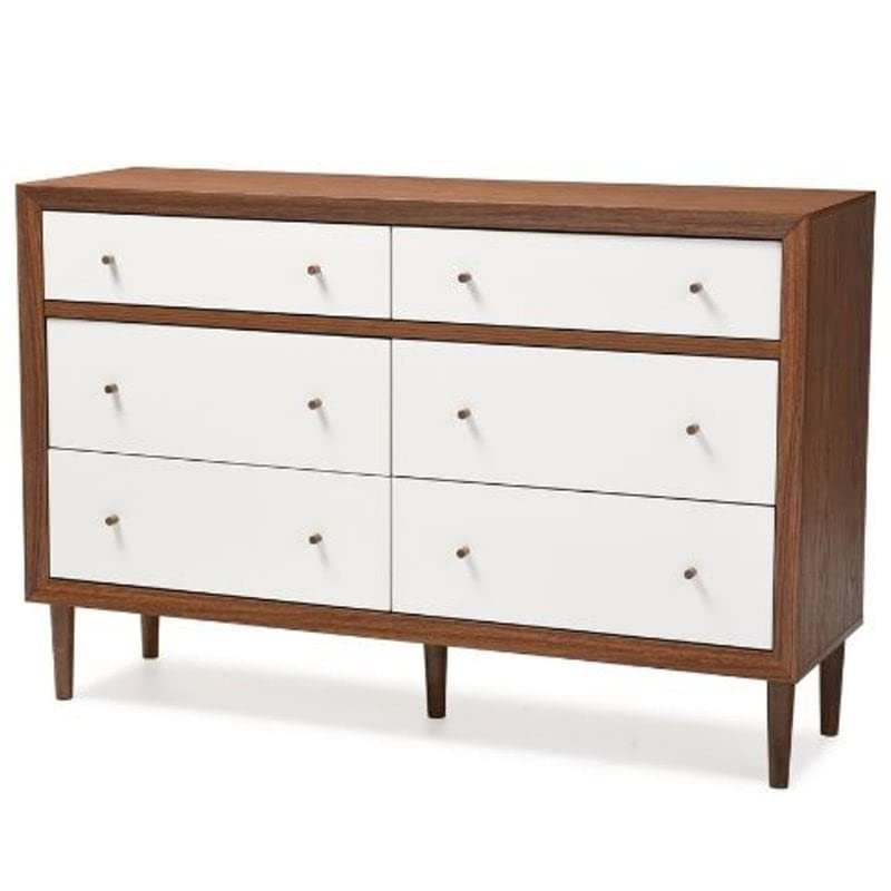 Baxton Furniture Studios Harlow Mid-Century Wood 6 Drawer Storage Dresser, Medium, White and Walnut