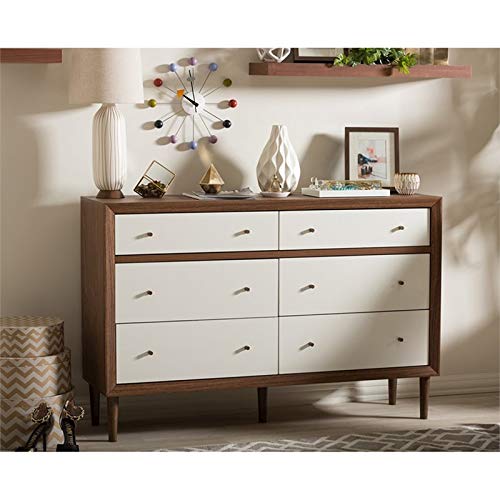 Baxton Furniture Studios Harlow Mid-Century Wood 6 Drawer Storage Dresser, Medium, White and Walnut