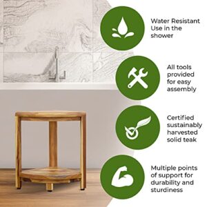 EcoDecors Teak Shower Corner Shelf Shaving Foot Rest With Storage Shelf 18" Tall Natural EarthyTeak Rustic Finish