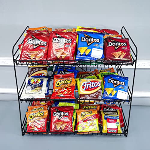 FixtureDisplays® 24" Wide X 14.9" Deep X 23.2" Tall 3-Open-Shelf Wire Rack for Countertop Chips Snack Book Display Organizer Concession Theatre Kitchen Pantry Stand Black 19396-2D