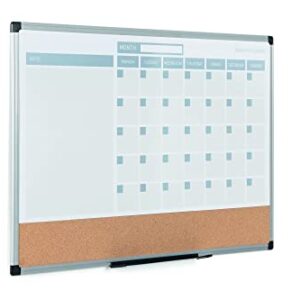 MasterVision Magnetic Dry Erase Monthly Calendar Planner Push Pin Corkboard Combo with Marker Tray, 24" x 36", Gray Plastic Frame, White, MB0707186P