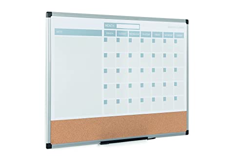 MasterVision Magnetic Dry Erase Monthly Calendar Planner Push Pin Corkboard Combo with Marker Tray, 24" x 36", Gray Plastic Frame, White, MB0707186P