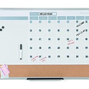 MasterVision Magnetic Dry Erase Monthly Calendar Planner Push Pin Corkboard Combo with Marker Tray, 24" x 36", Gray Plastic Frame, White, MB0707186P