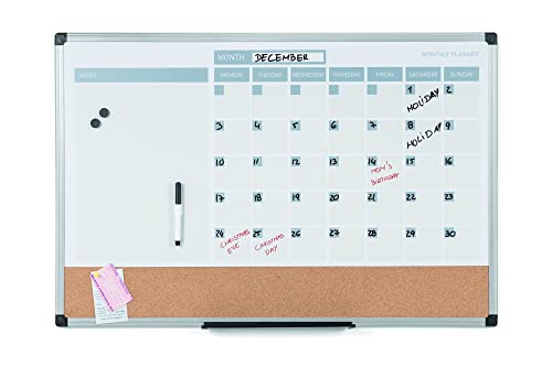 MasterVision Magnetic Dry Erase Monthly Calendar Planner Push Pin Corkboard Combo with Marker Tray, 24" x 36", Gray Plastic Frame, White, MB0707186P