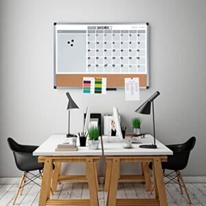 MasterVision Magnetic Dry Erase Monthly Calendar Planner Push Pin Corkboard Combo with Marker Tray, 24" x 36", Gray Plastic Frame, White, MB0707186P