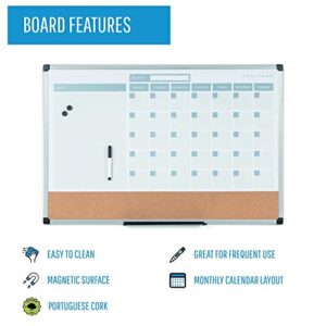 MasterVision Magnetic Dry Erase Monthly Calendar Planner Push Pin Corkboard Combo with Marker Tray, 24" x 36", Gray Plastic Frame, White, MB0707186P