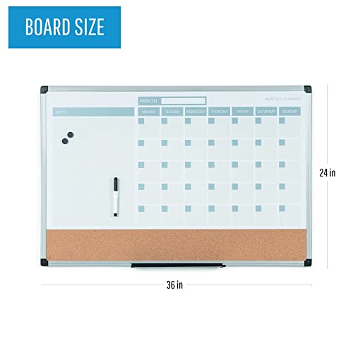 MasterVision Magnetic Dry Erase Monthly Calendar Planner Push Pin Corkboard Combo with Marker Tray, 24" x 36", Gray Plastic Frame, White, MB0707186P