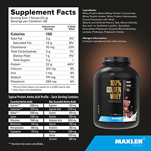 Maxler 100% Golden Whey Protein - 22g of Premium Whey Protein Powder per Serving - Pre Post Intra Workout - Fast-Absorbing Whey Hydrolysate, Isolate & Concentrate Blend - Milk Chocolate Protein 5 lbs