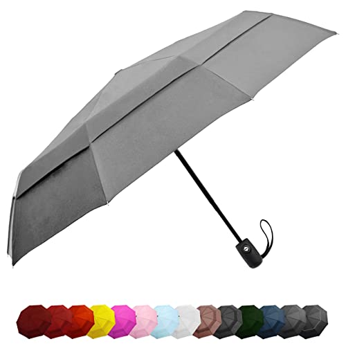 EEZ-Y Travel Umbrellas for Rain - Wind Resistant w/Open Close Button - Grey