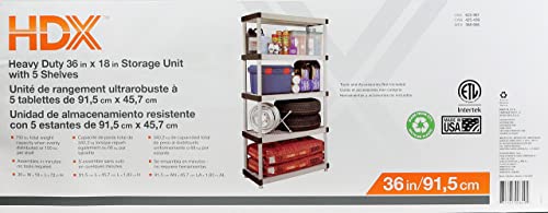 HDX 36” x 72” 5-Tiered Ventilated Plastic Storage Shelving Unit w/ Raised Feet and Tool-Free Assembly