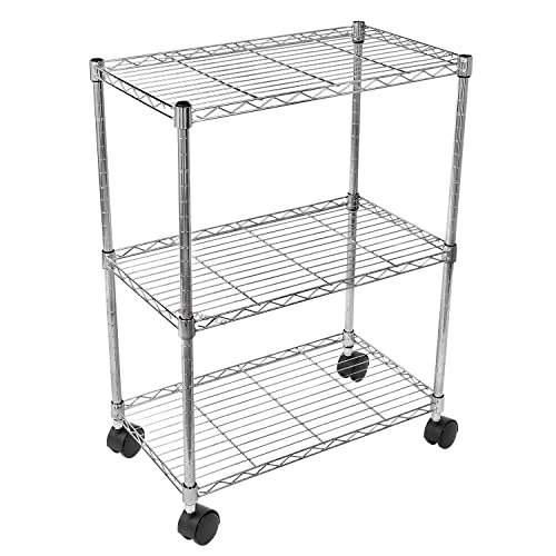 Simple Deluxe Heavy Duty 3-Shelf Shelving with Wheels, Adjustable Storage Units, Steel Organizer Wire Rack, 24.02”L x 13.78“W x 31.89”H, Chrome, HKSHLF23133003CPC