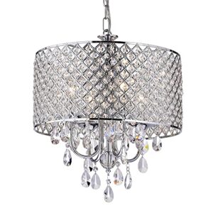 edvivi marya 4-lights chrome round crystal chandelier ceiling fixture | beaded drum shade