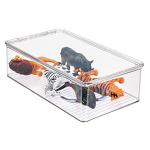 mdesign plastic playroom/game organizer box containers with hinged lid for shelves or cubbies, holds toys, building blocks, puzzles, markers, controllers, or crayons, ligne collection, clear