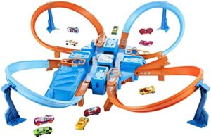hot wheels toy car track set, criss cross crash with 1:64 scale vehicle, powered by a motorized booster [amazon exclusive]