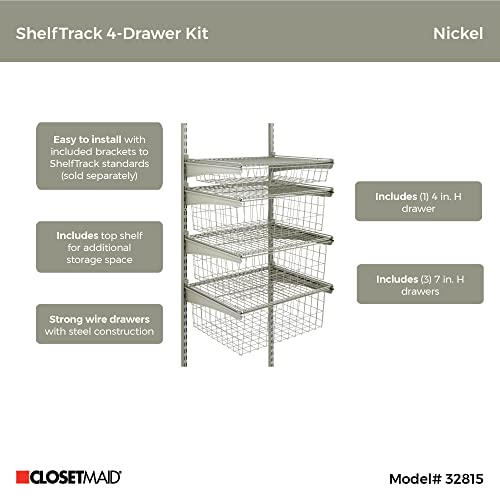 ClosetMaid ShelfTrack Nickel 4-Drawer Kit, Add On Accessory, with Pull Out Mesh Wire Baskets, for Clothes, Socks, Accessories