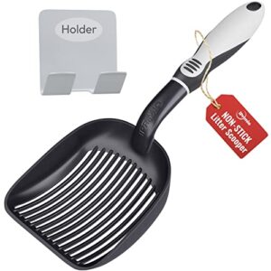 iprimio cat litter scoop metal with deep shovel - (black) - non stick plated aluminum cat litter scooper for litter box - designed by cat owners - patented sifter with holder - super solid handle