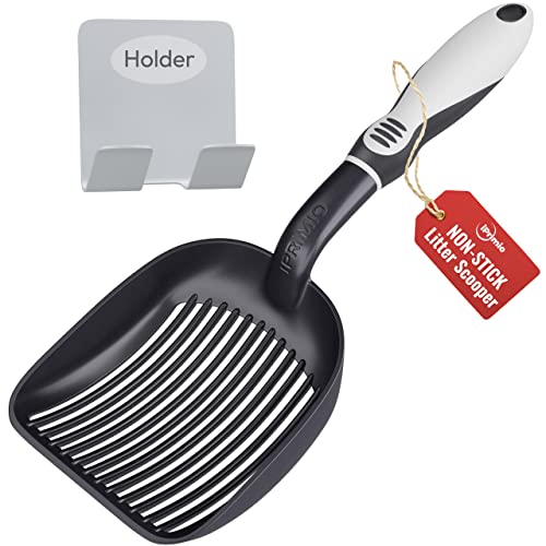 iPrimio Cat Litter Scoop Metal with Deep Shovel - (Black) - Non Stick Plated Aluminum Cat Litter Scooper for Litter Box - Designed by Cat Owners - Patented Sifter with Holder - Super Solid Handle