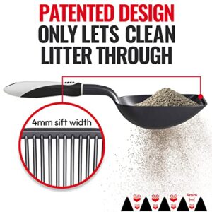 iPrimio Cat Litter Scoop Metal with Deep Shovel - (Black) - Non Stick Plated Aluminum Cat Litter Scooper for Litter Box - Designed by Cat Owners - Patented Sifter with Holder - Super Solid Handle