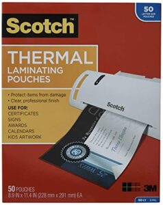 scotch thermal laminating pouches, 50 pack laminating sheets, 3 mil, 8.9 x 11.4 inches, education supplies & craft supplies, for use with thermal laminators, letter size sheets, (tp3854-50-mp)