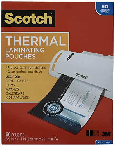 Scotch Thermal Laminating Pouches, 50 Pack Laminating Sheets, 3 Mil, 8.9 x 11.4 Inches, Education Supplies & Craft Supplies, For Use With Thermal Laminators, Letter Size Sheets, (TP3854-50-MP)