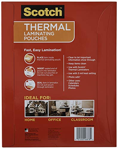 Scotch Thermal Laminating Pouches, 50 Pack Laminating Sheets, 3 Mil, 8.9 x 11.4 Inches, Education Supplies & Craft Supplies, For Use With Thermal Laminators, Letter Size Sheets, (TP3854-50-MP)