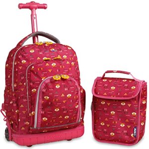 j world lollipop kids rolling backpack & lunch bag set for elementary school. carry-on suitcase with wheels, fox