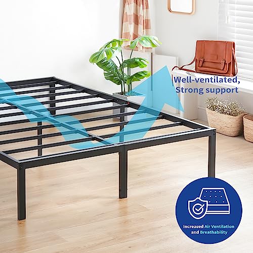 Olee Sleep 14 Inch Heavy Duty Steel Slat Anti-slip Support Easy Assembly Mattress Foundation Bed Frame Maximum Storage Noise Free No Box Spring Needed, Metal, Black