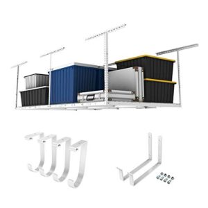 fleximounts 4x8 overhead garage storage rack w/hooks adjustable ceiling storage racks, 96" length x 48" width x 40" height, 22''-40" ceiling dropdown, white