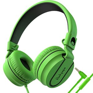 rockpapa 950 headphones with microphone for kids for school computer, on-ear headphones wired foldable for boys chilrens girls teens students youth adult black green