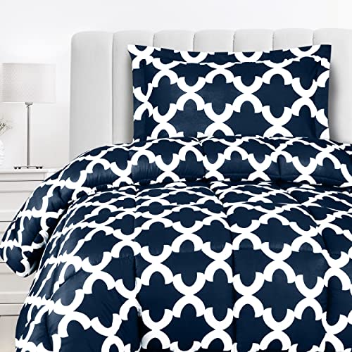 Utopia Bedding - Comforter Bedding Set with 1 Pillow Sham - 2 Pieces Bedding Comforter Sets - Down Alternative Comforter - Soft and Comfortable - Machine Washable, Quatrefoil Navy, Twin