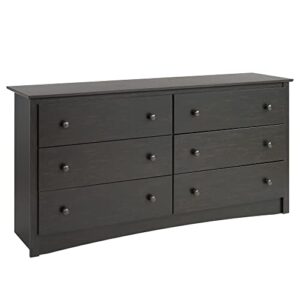 prepac sonoma 6-drawer double dresser for bedroom, 16" d x 59" w x 29" h, washed black