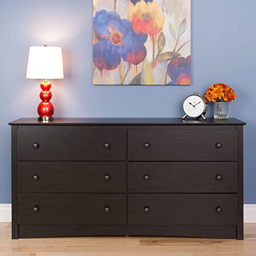 Prepac Sonoma 6-Drawer Double Dresser for Bedroom, 16" D x 59" W x 29" H, Washed Black