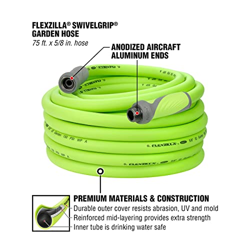 Flexzilla Garden Hose with SwivelGrip, 5/8 in. x 75 ft., Heavy Duty, Lightweight, Drinking Water Safe, ZillaGreen - HFZG575YWS-E