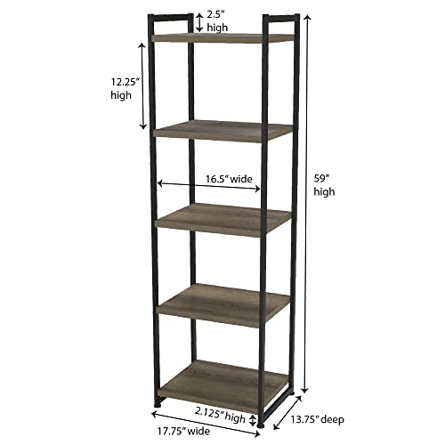 Household Essentials 5 Tier Storage Tower Metal, Grey Shelf – Black Frame, Ashwood