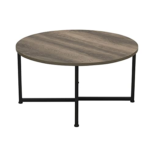 Household Essentials Jamestown Round Coffee Table Ashwood Rustic Wood Grain and Black Metal 31.5 x 31.5