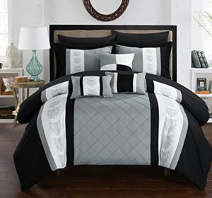 chic home cs1644-an clayton 10 comforter pin tuck pieced block embroidery bed in a bag with sheet set black, queen, grey
