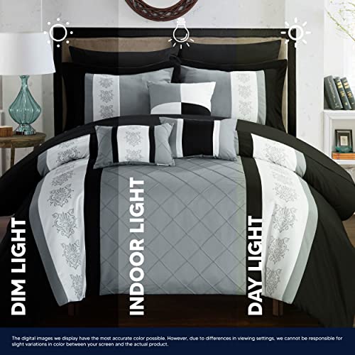 Chic Home CS1644-AN Clayton 10 Comforter Pin Tuck Pieced Block Embroidery Bed in A Bag with Sheet Set Black, Queen, Grey