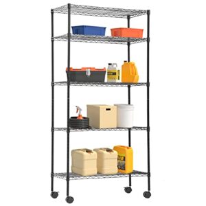 bestoffice 14"x30"x60" storage shelves heavy duty shelving 5 tier layer wire shelving unit with wheels metal wire shelf standing garage shelves storage rack,adjustable nsf certified(black)
