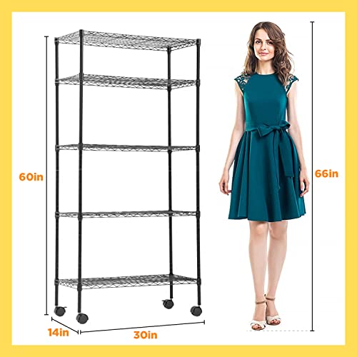 BestOffice 14"x30"x60" Storage Shelves Heavy Duty Shelving 5 Tier Layer Wire Shelving Unit with Wheels Metal Wire Shelf Standing Garage Shelves Storage Rack,Adjustable NSF Certified(Black)