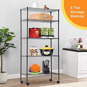 BestOffice 14"x30"x60" Storage Shelves Heavy Duty Shelving 5 Tier Layer Wire Shelving Unit with Wheels Metal Wire Shelf Standing Garage Shelves Storage Rack,Adjustable NSF Certified(Black)