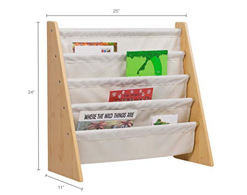 Wildkin Kids Canvas Sling Bookshelf for Boys and Girls, Wooden Design Features Four Fabric Shelves, Keep Bedrooms, Playrooms, and Classrooms Organized, Measures 25 x 24 x 11 Inches (Natural w/ Tan)