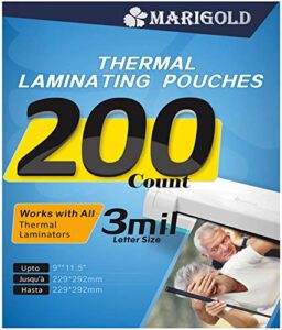 marigold 200-pack thermal laminating pouches - 3 mil letter size, 9"x11.5", laminating sheets film for laminator machine (tlp3ltr)