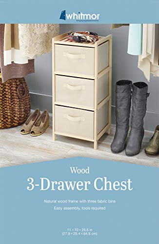 Whitmor 3 Drawer Wood Chest - Compact Design - Pull Out Fabric Bins - Natural Pine