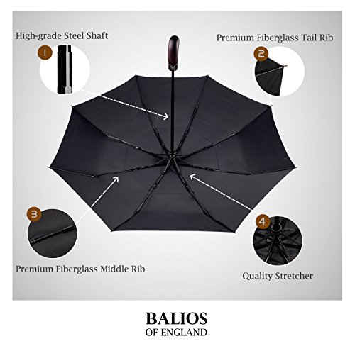 Balios Prestige Travel Umbrella Real Wood Handle Auto Open Close Vented Windproof Canopy Black