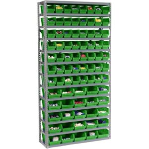 global industrial 13 shelf steel shelving with (81) 4" h plastic shelf bins, green, 36x12x72